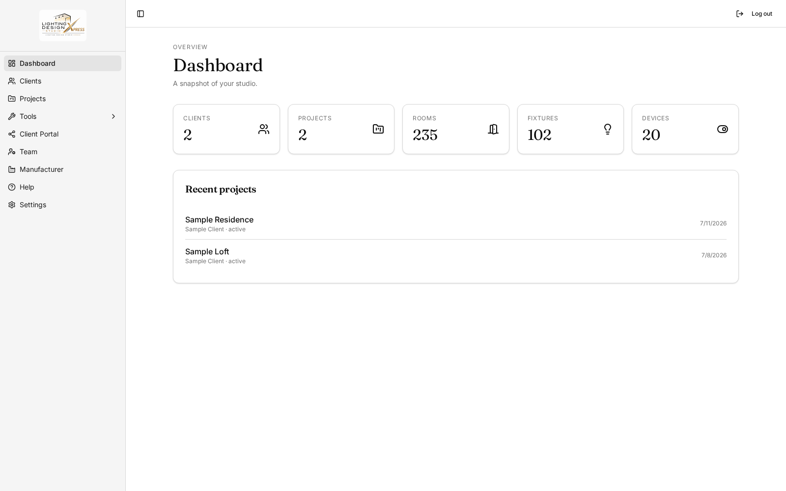 Design Studio Xpress dashboard showing project stats and recent projects